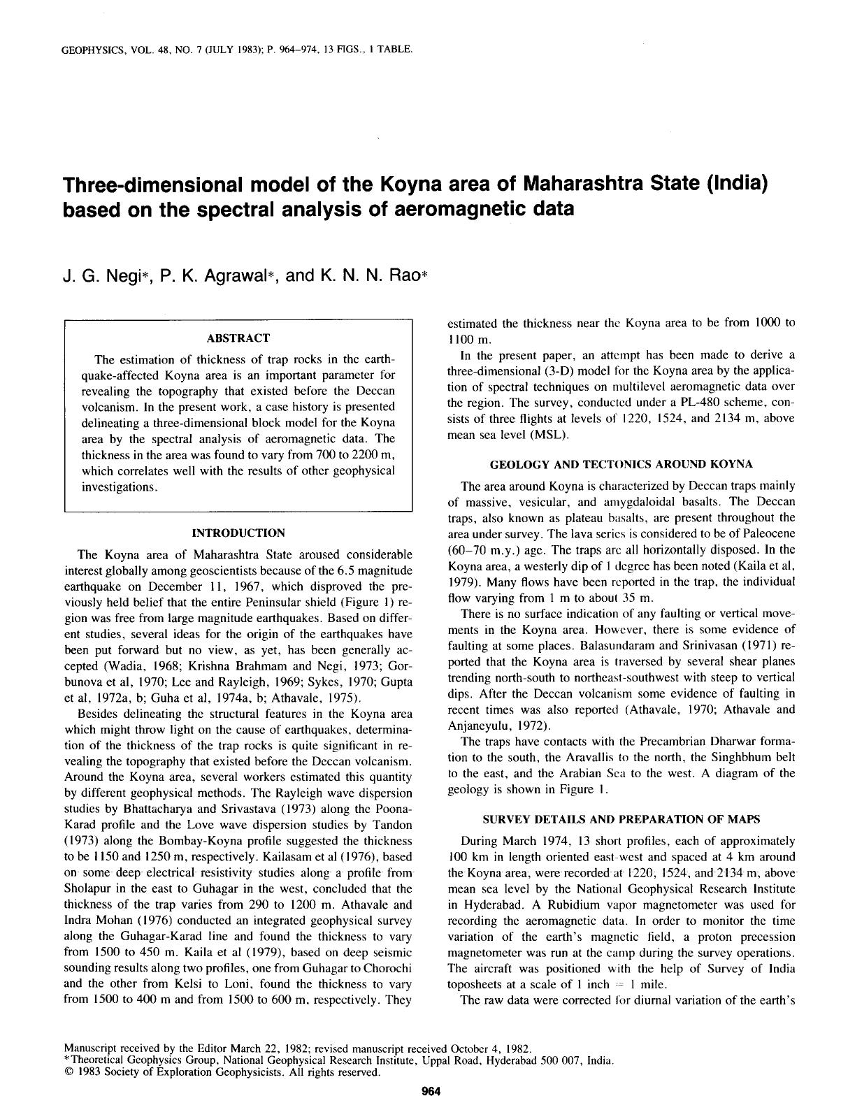 Three-dimensional model of the Koyna area of Maharashtra State (India) based on the spectral analysis of aeromagnetic data by Negi J. G.; Agrawal P. K.; Rao K. N. N