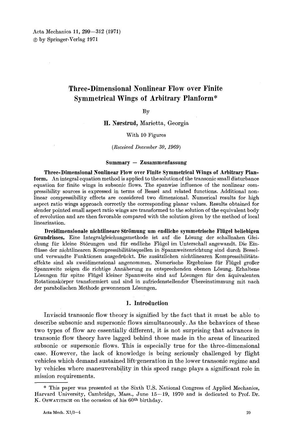 Three-dimensional nonlinear flow over finite symmetrical wings of arbitrary planform by Unknown