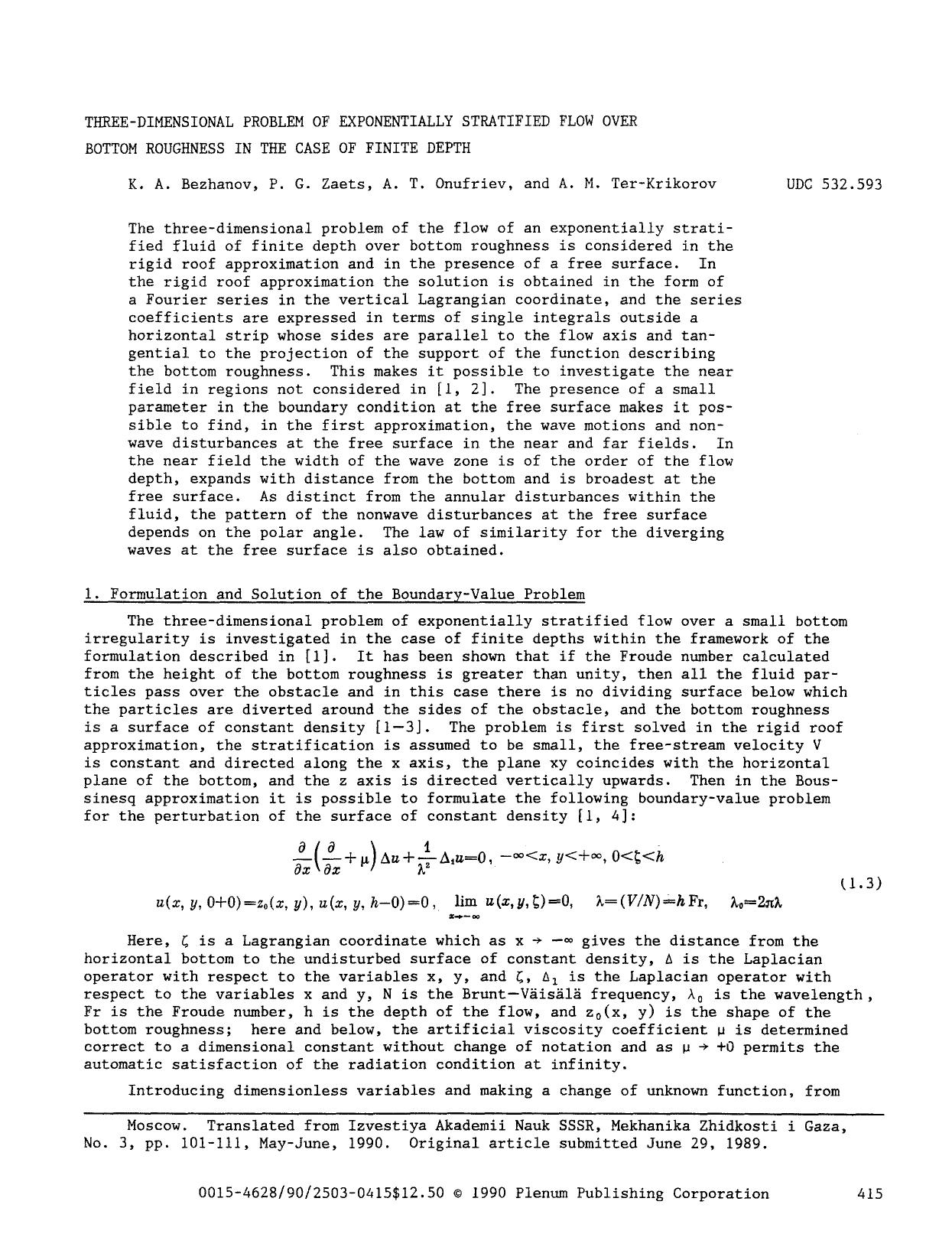 Three-dimensional problem of exponentially stratified flow over bottom roughness in the case of finite depth by Unknown