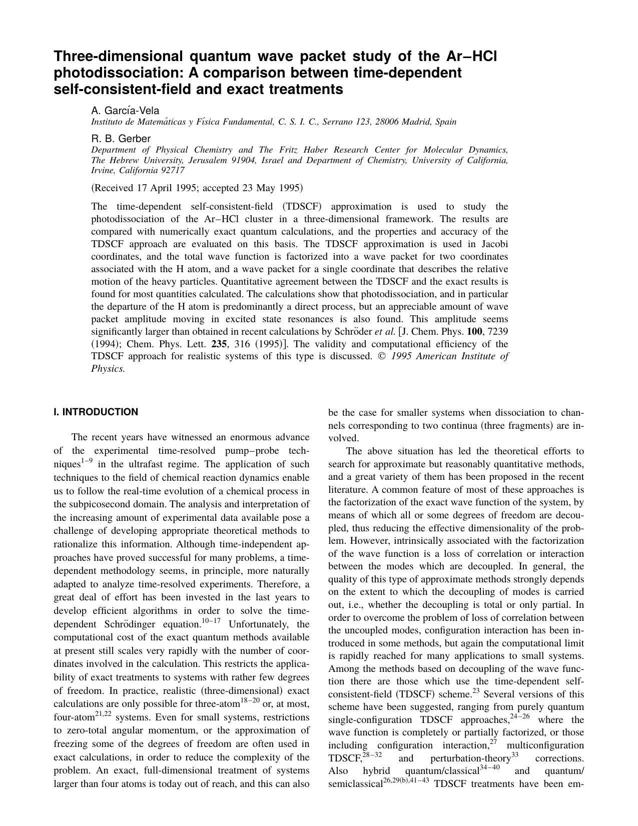 Three-dimensional quantum wave packet study of the Ar-HCl photodissociation: A comparison between time-dependent self-consistent-field and exact treatments by A. Garcia-Vela & R. B. Gerber
