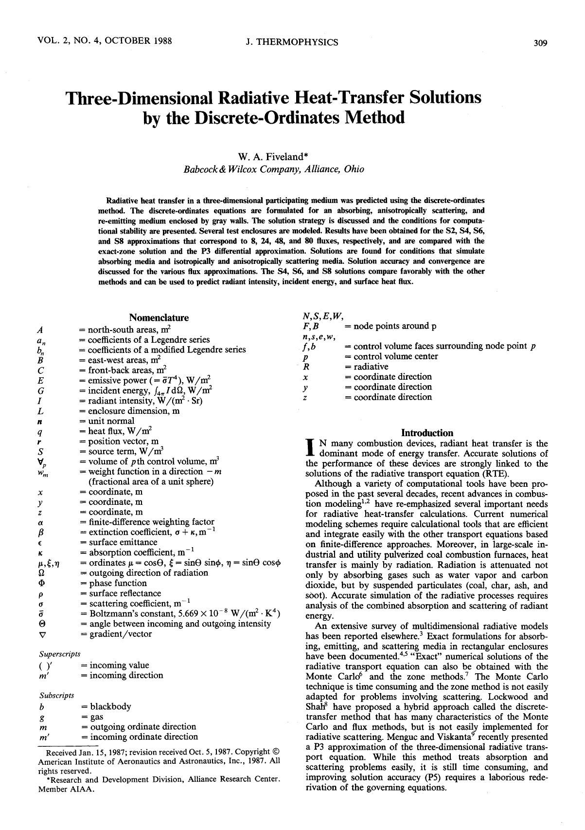 Three-dimensional radiative heat-transfer solutions by the discrete-ordinates method by Unknown