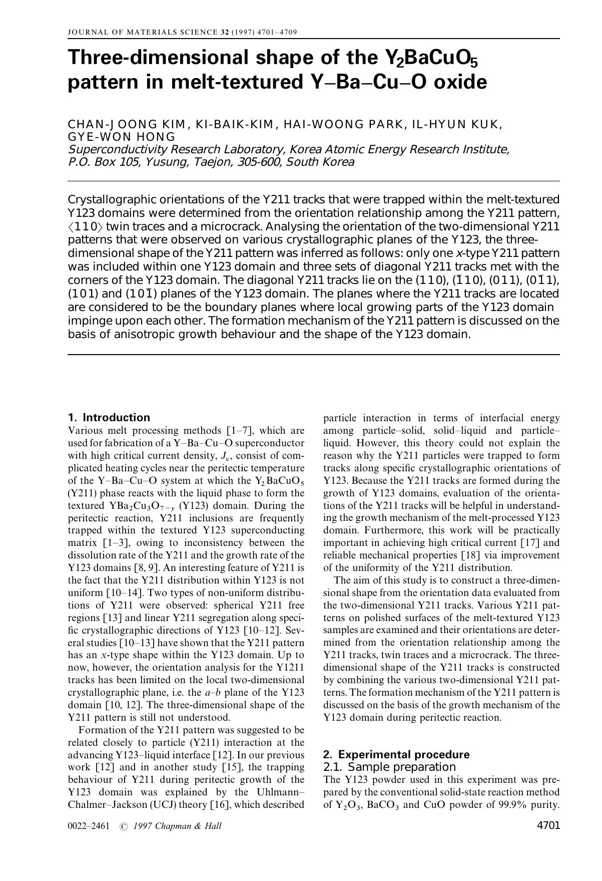 Three-dimensional shape of the Y2BaCuO5 pattern in melt-textured Y–Ba–Cu–O oxide by Unknown