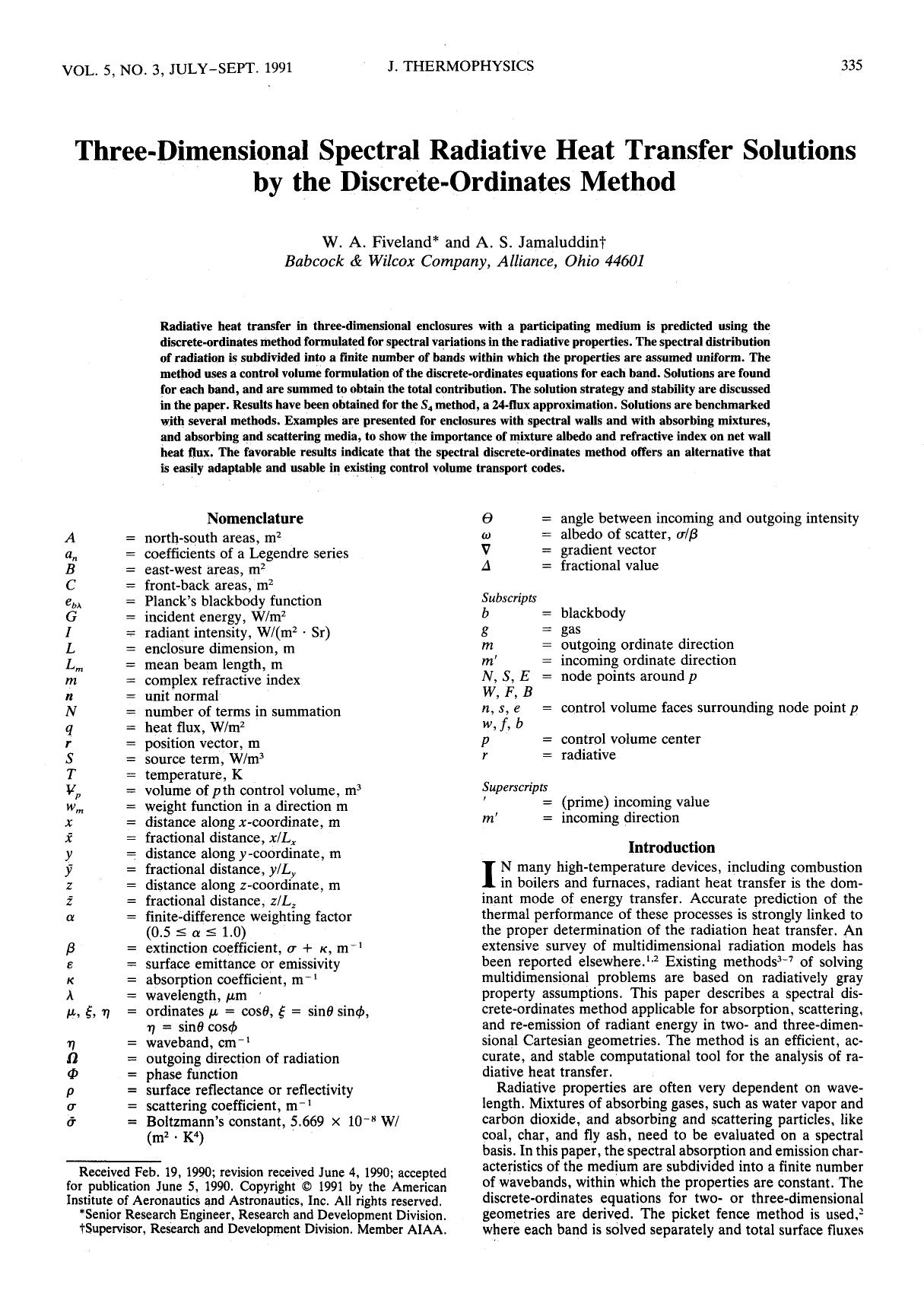 Three-dimensional spectral radiative heat transfer solutions by the discrete-ordinates method by Unknown