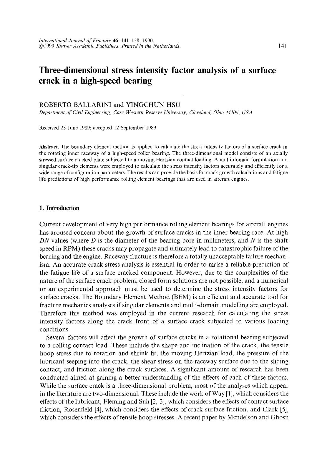 Three-dimensional stress intensity factor analysis of a surface crack in a high-speed bearing by Unknown