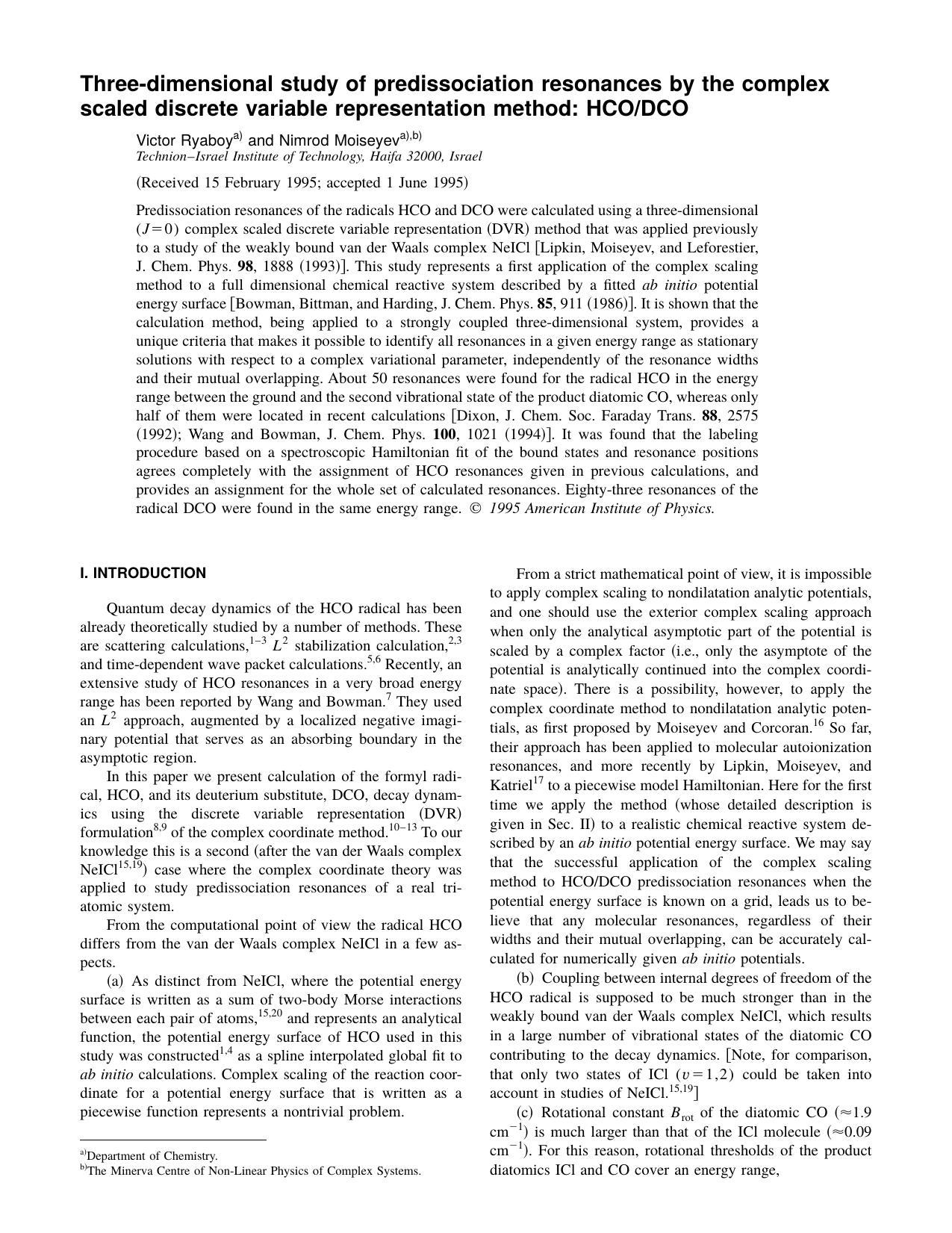 Three-dimensional study of predissociation resonances by the complex scaled discrete variable representation method: HCODCO by Victor Ryaboy and Nimrod Moiseyev