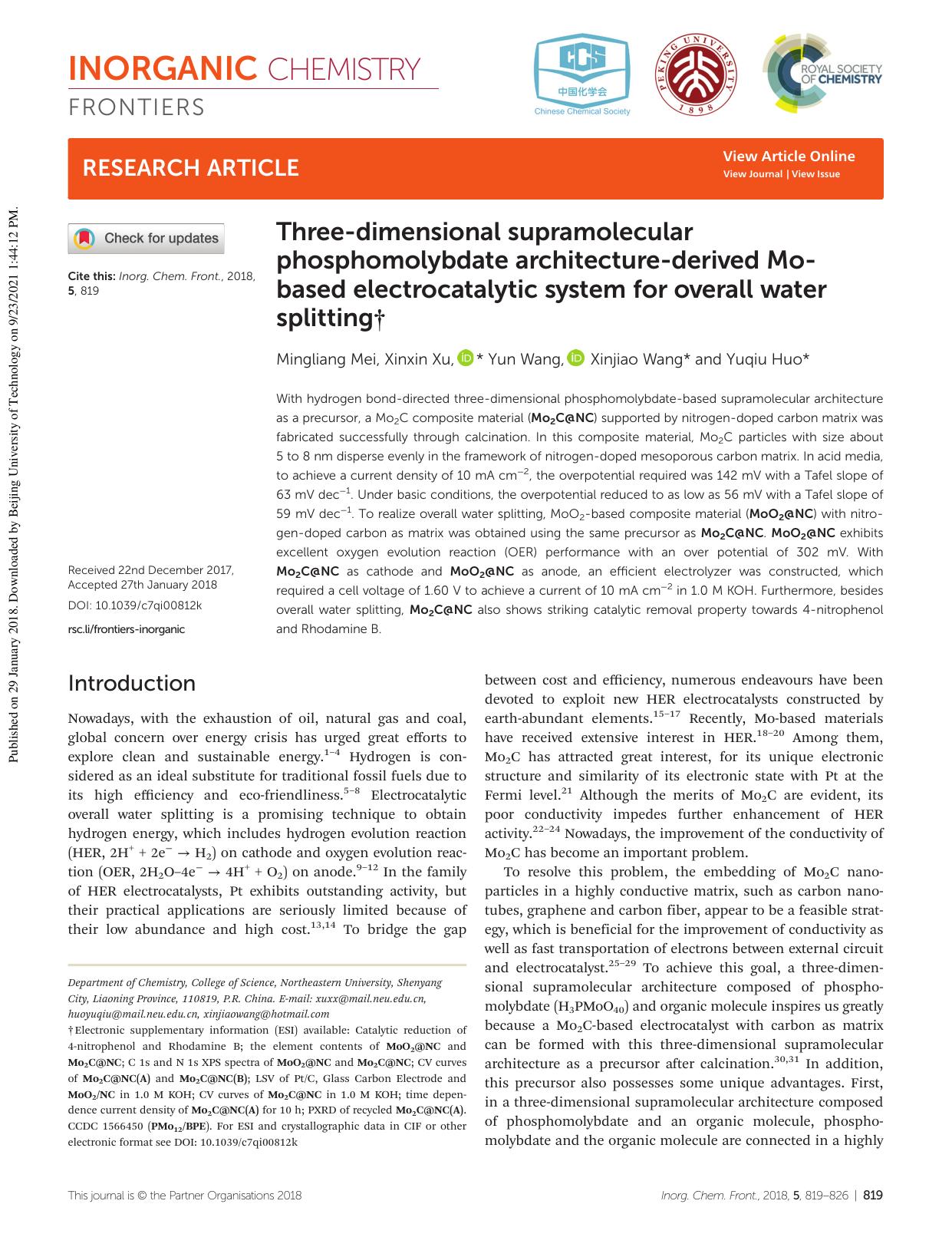 Three-dimensional supramolecular phosphomolybdate architecture-derived Mo-based electrocatalytic system for overall water splitting by Mingliang Mei Xinxin Xu Yun Wang Xinjiao Wang Yuqiu Huo