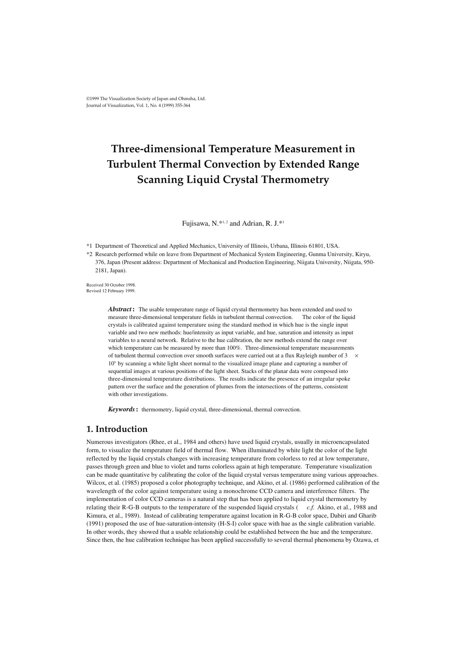 Three-dimensional temperature measurement in turbulent thermal convection by extended range scanning liquid crystal thermometry by Unknown