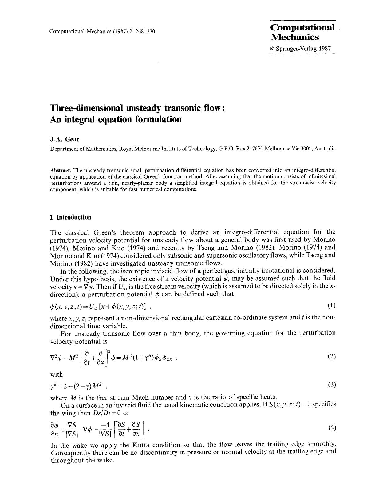 Three-dimensional unsteady transonic flow: An integral equation formulation by Unknown