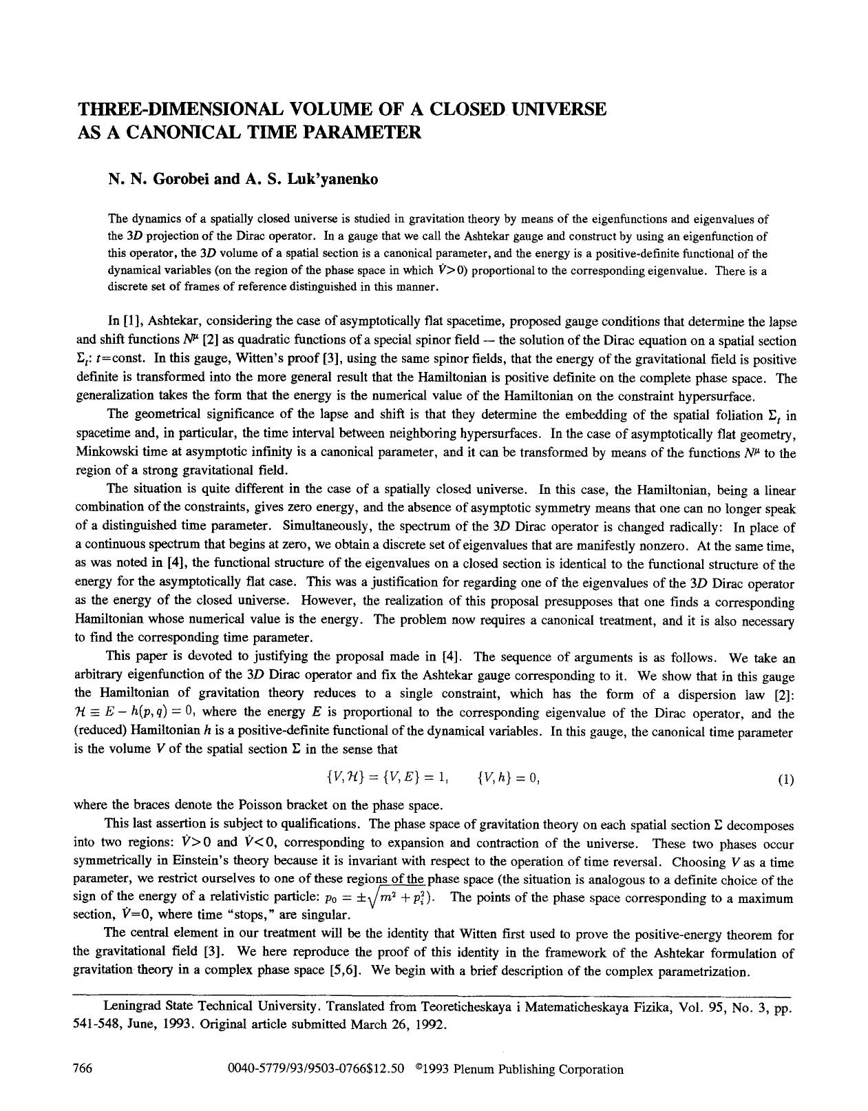 Three-dimensional volume of a closed universe as a canonical time parameter by Unknown