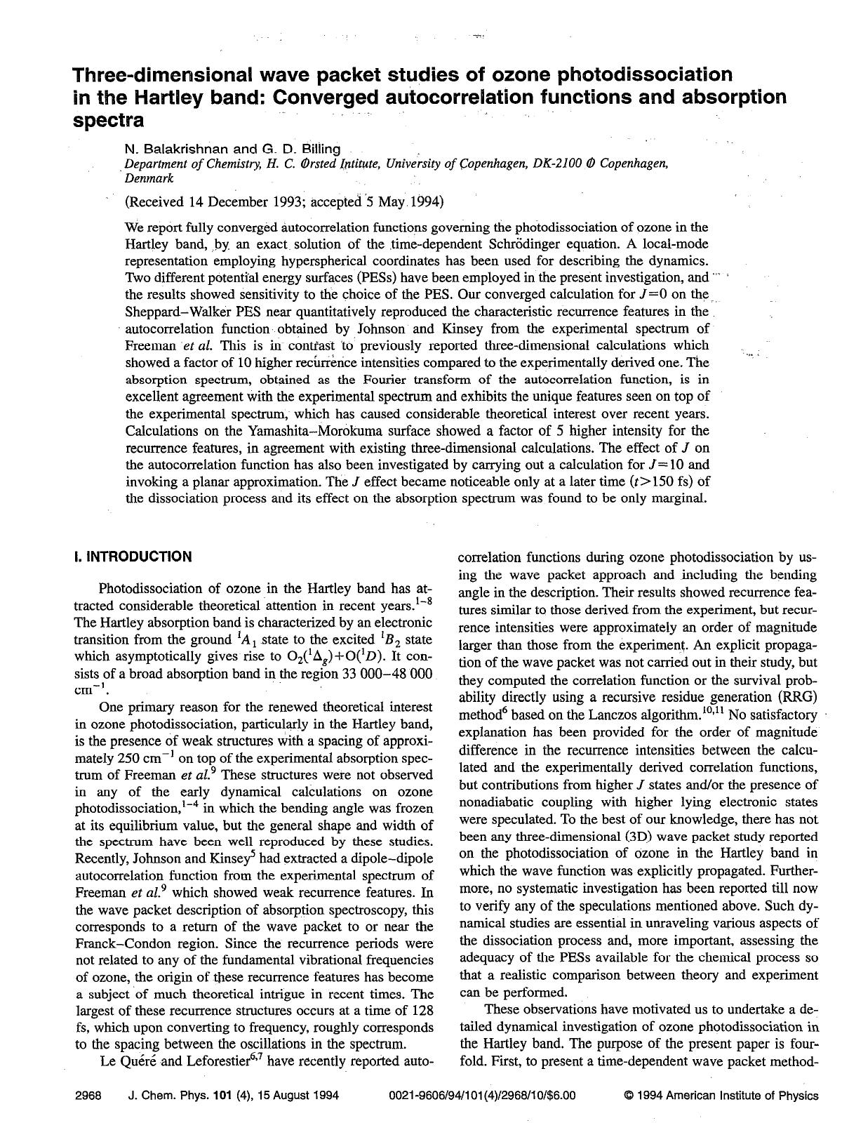 Three-dimensional wave packet studies of ozone photodissociation in the Hartley band: Converged autocorrelation functions and absorption spectra by N. Balakrishnan; G. D. Billing