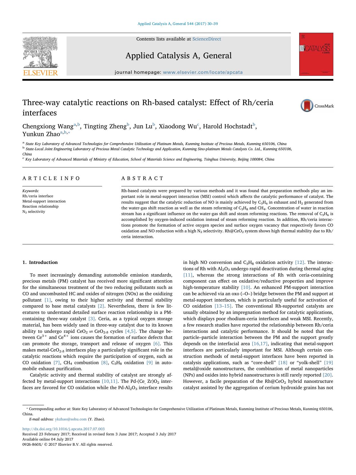 Three-way catalytic reactions on Rh-based catalyst_ Effect of Rhceria interfaces by Chengxiong Wang & Tingting Zheng & Jun Lu & Xiaodong Wu & Harold Hochstadt & Yunkun Zhao