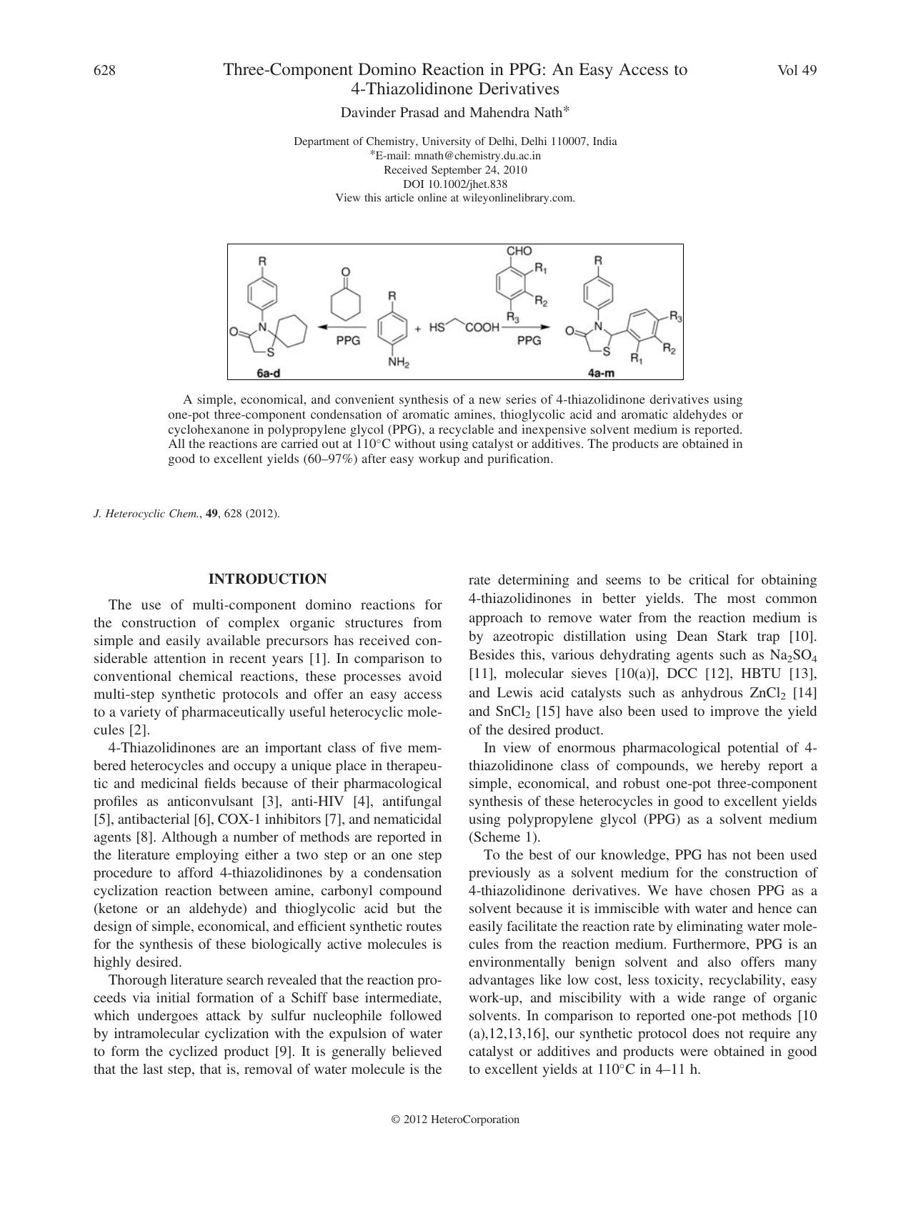 ThreeComponent Domino Reaction in PPG: An Easy Access to 4Thiazolidinone Derivatives by Unknown