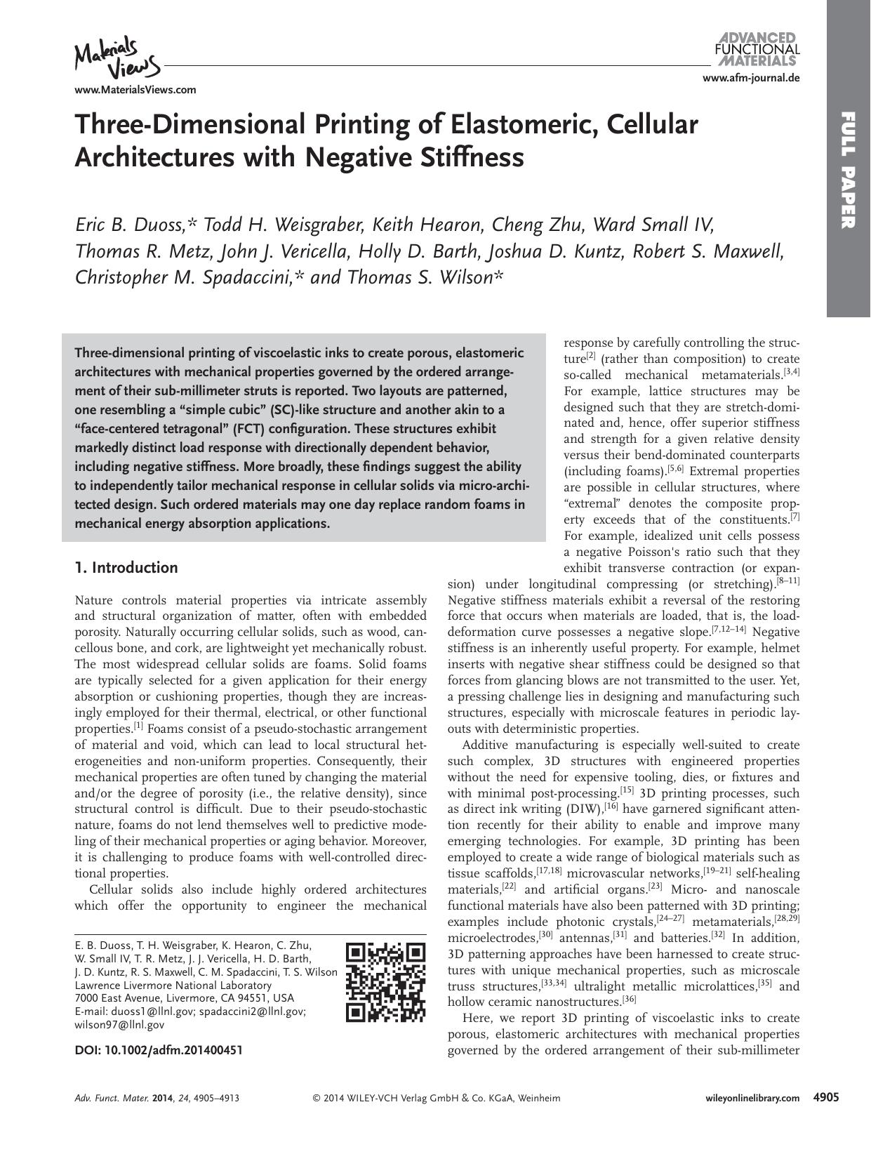 ThreeDimensional Printing of Elastomeric, Cellular Architectures with Negative Stiffness by processteam