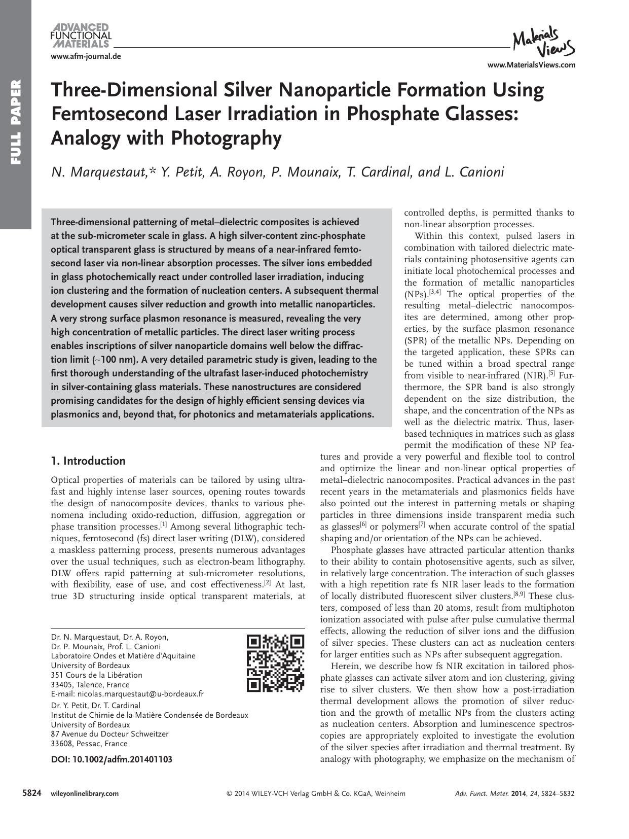 ThreeDimensional Silver Nanoparticle Formation Using Femtosecond Laser Irradiation in Phosphate Glasses: Analogy with Photography by processteam