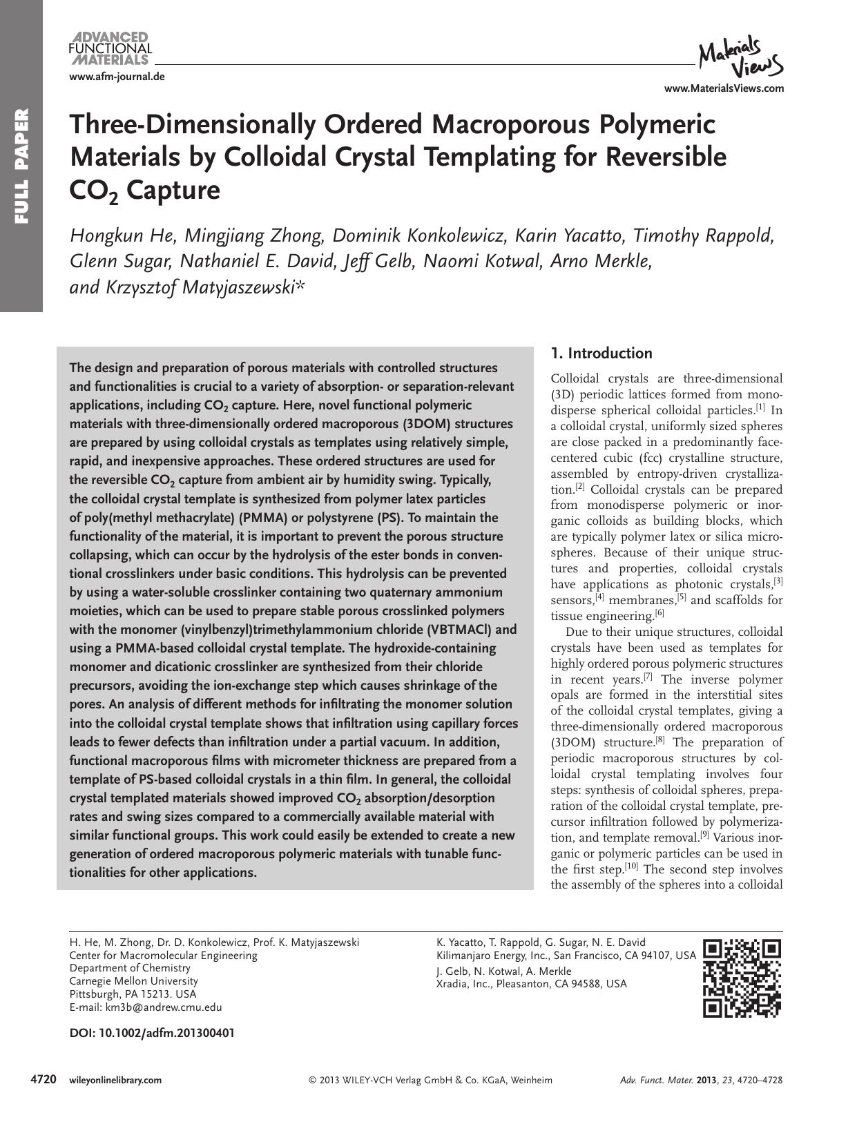 ThreeDimensionally Ordered Macroporous Polymeric Materials by Colloidal Crystal Templating for Reversible CO2 Capture by s-w-270