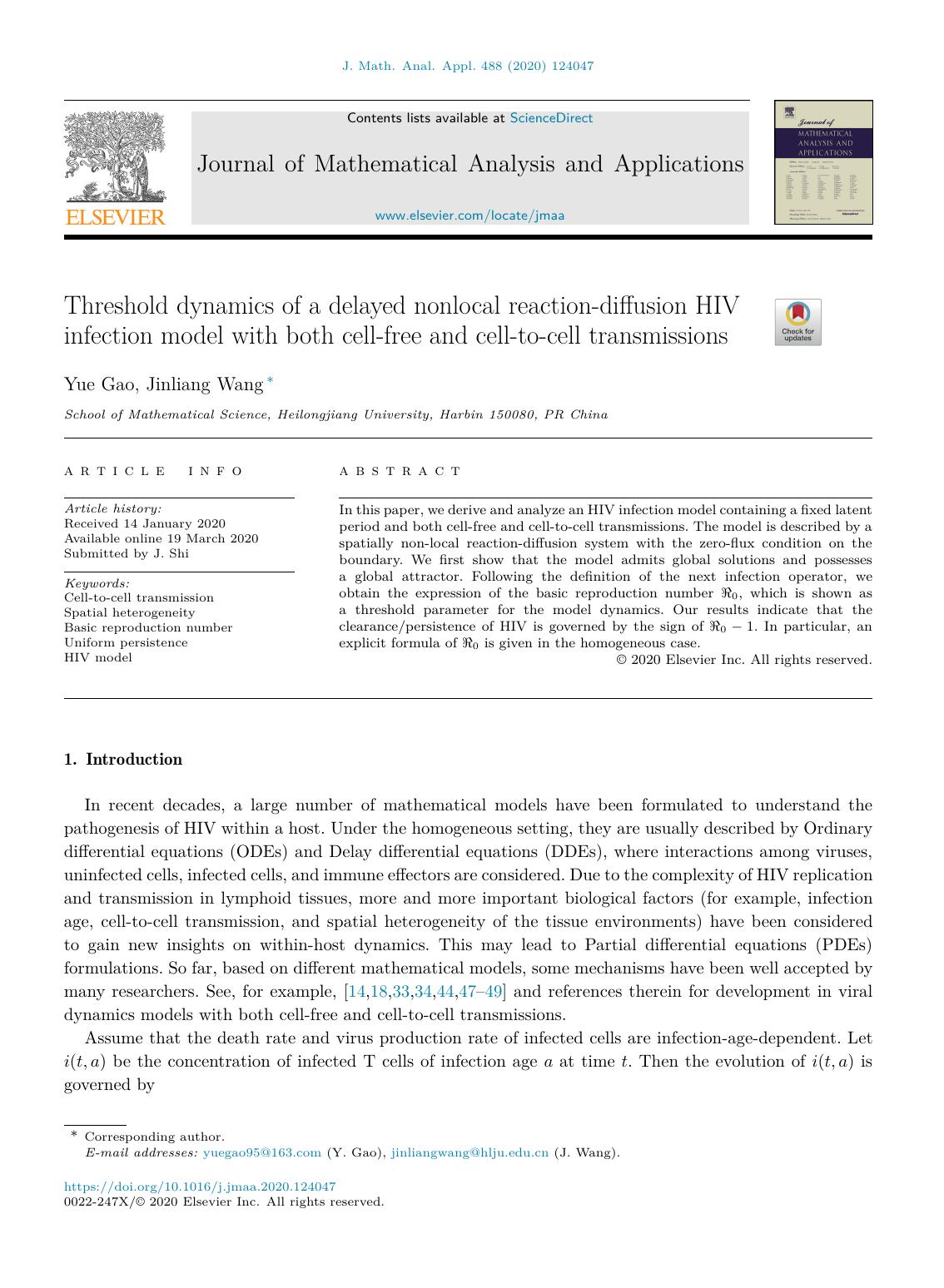 Threshold dynamics of a delayed nonlocal reaction-diffusion HIV infection model with both cell-free and cell-to-cell transmissions by Yue Gao & Jinliang Wang