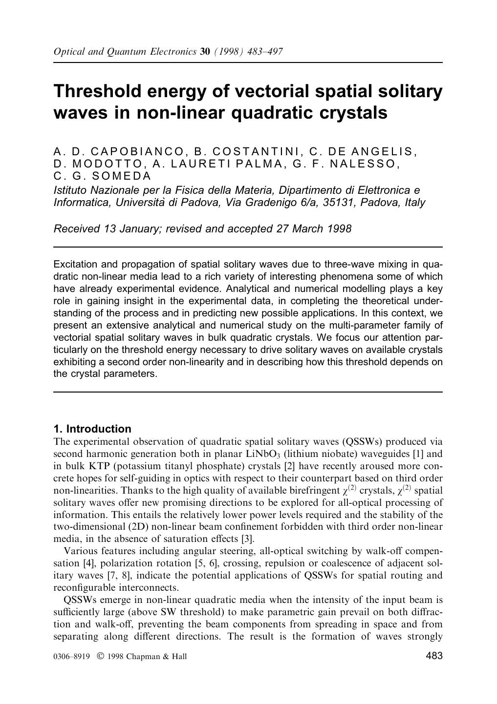 Threshold energy of vectorial spatial solitary waves in non-linear quadratic crystals by Unknown