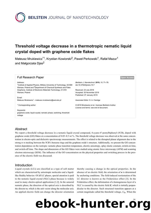 Threshold voltage decrease in a thermotropic nematic liquid crystal doped with graphene oxide flakes by Mateusz Mrukiewicz Krystian Kowiorski Paweł Perkowski Rafał Mazur Małgorzata Djas