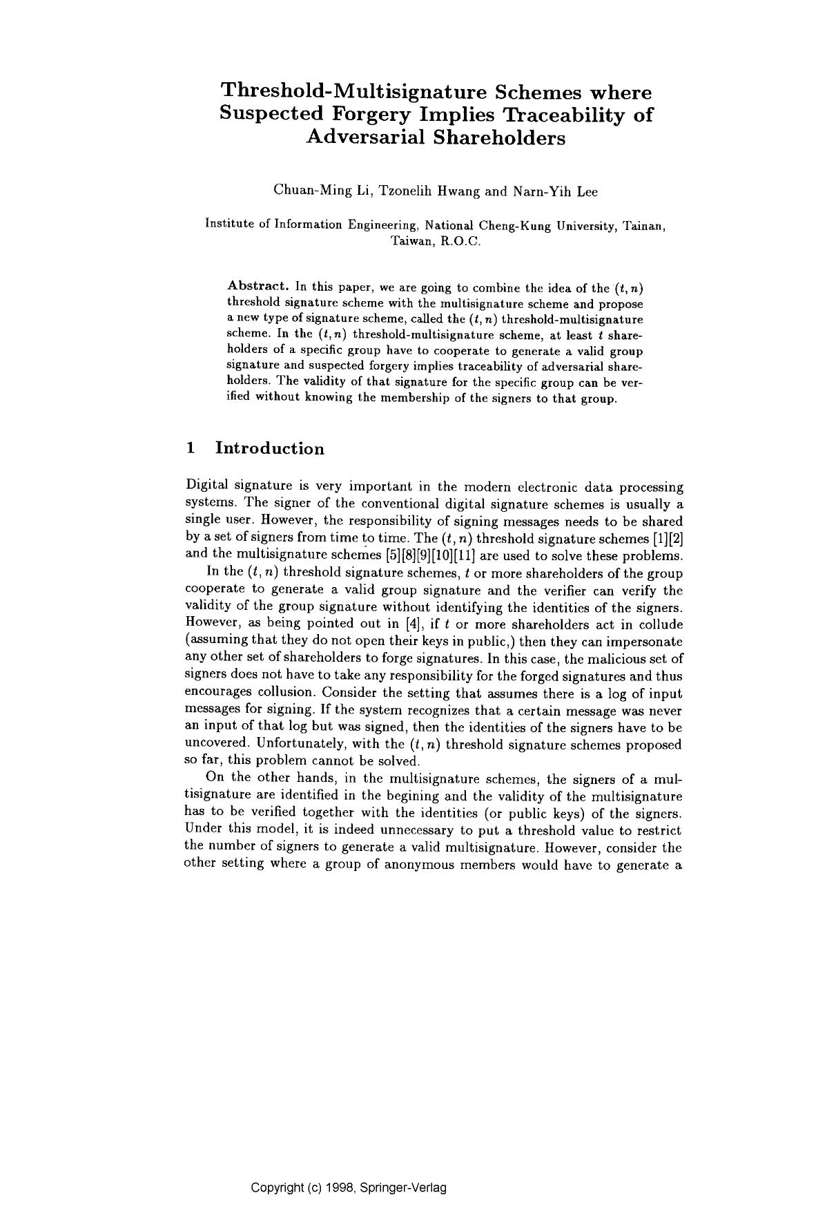 Threshold-multisignature schemes where suspected forgery implies traceability of adversarial shareholders by Li C. M. Hwang T. & Lee N. Y