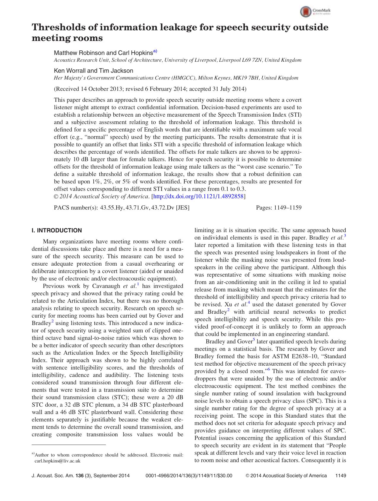 Thresholds of information leakage for speech security outside meeting rooms by Matthew Robinson & Carl Hopkins & Ken Worrall & Tim Jackson