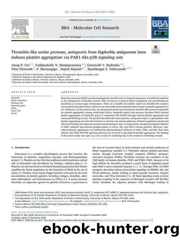 Thrombin-like serine protease, antiquorin from Euphorbia antiquorum latex induces platelet aggregation via PAR1-Aktp38 signaling axis by unknow