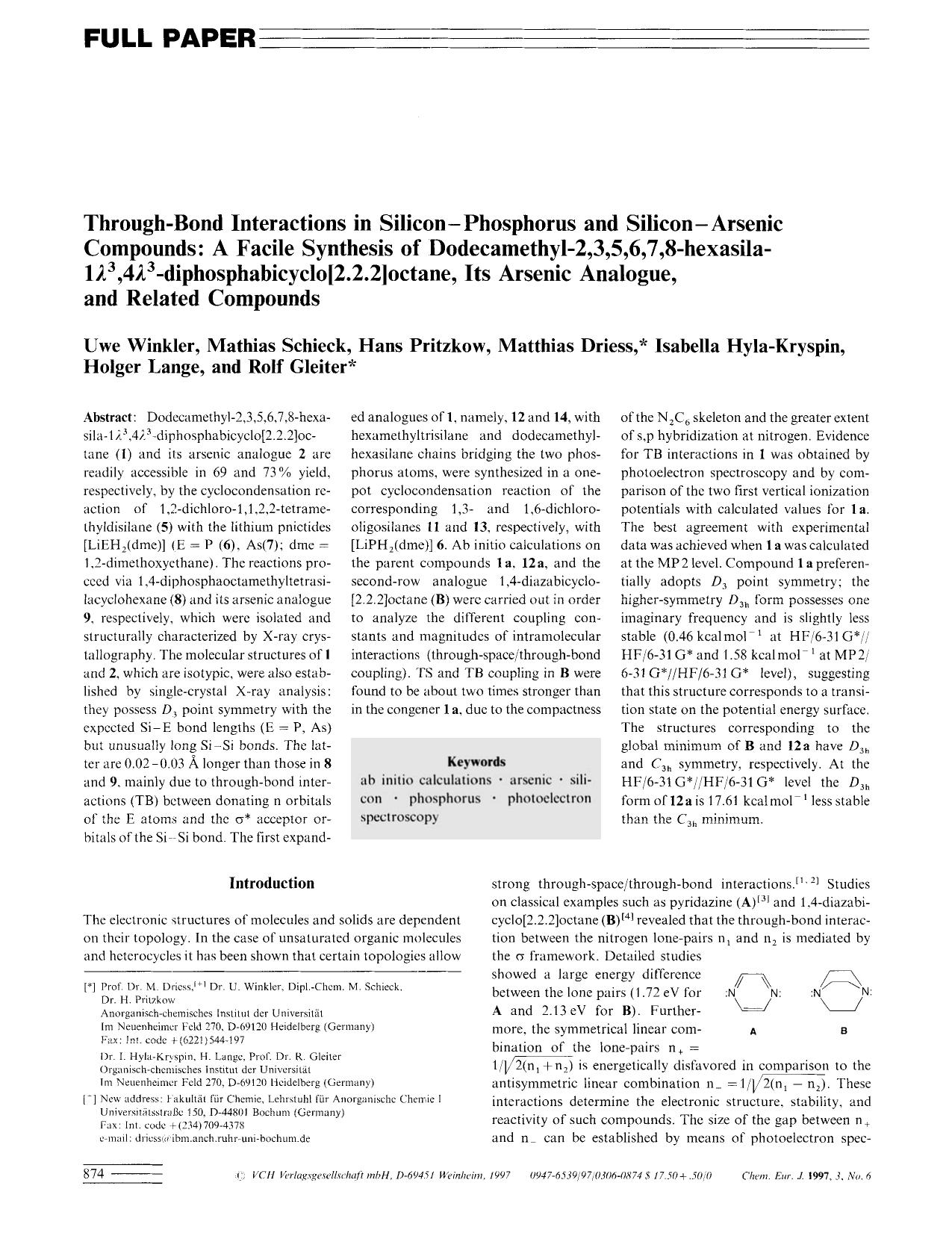 Through-Bond Interactions in Silicon-Phosphorus and Silicon-Arsenic Compounds: A Facile Synthesis of Dodecamethyl-2,3,5,6,7,8-hexasila-1[lambda]3,4[lambda]3-diphosphabicyclo[2.2.2] by Unknown