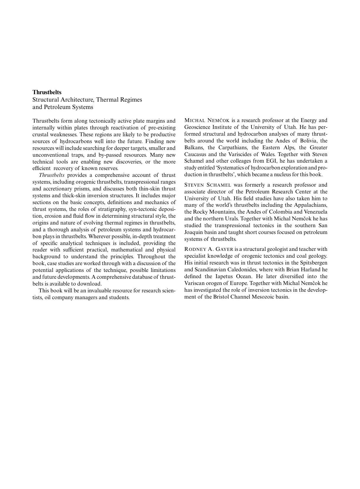 Thrustbelts: Structural Architecture, Thermal Regimes and Petroleum Systems by Michal Nemcok Steven Schamel Rod Gayer