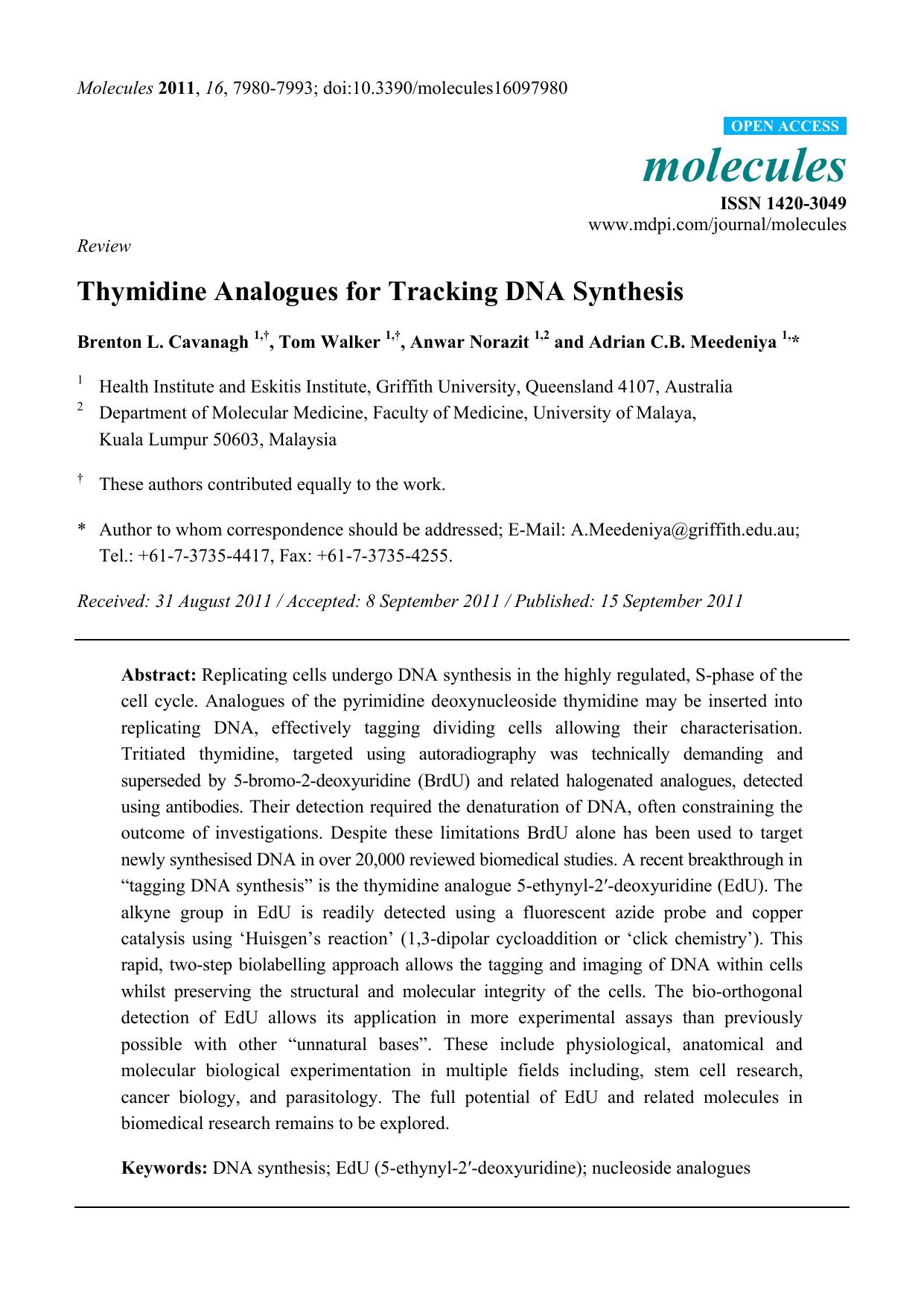 Thymidine Analogues for Tracking DNA Synthesis by Brenton L. Cavanagh & Tom Walker & Anwar Norazit & Adrian C.B. Meedeniya