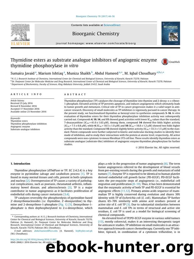 Thymidine esters as substrate analogue inhibitors of angiogenic enzyme thymidine phosphorylase in vitro by Sumaira Javaid & Marium Ishtiaq & Muniza Shaikh & Abdul Hameed & M. Iqbal Choudhary