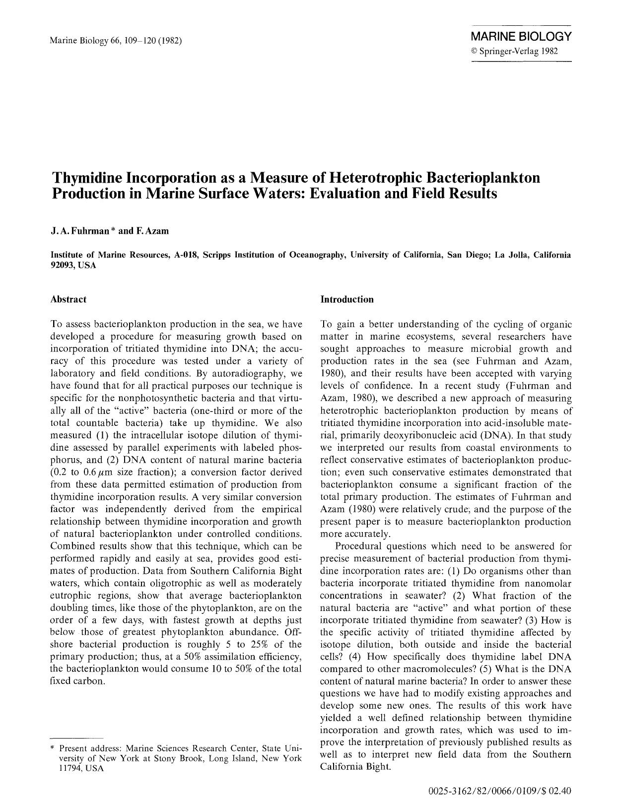 Thymidine incorporation as a measure of heterotrophic bacterioplankton production in marine surface waters: Evaluation and field results by Unknown