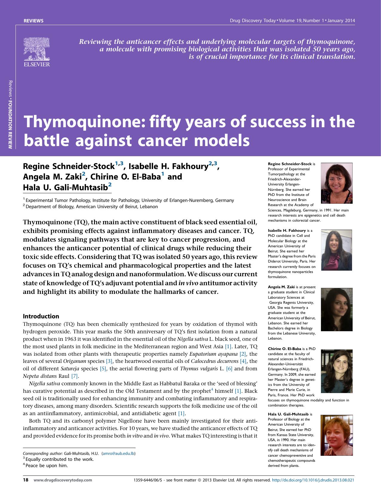 Thymoquinone: fifty years of success in the battle against cancer models by unknow