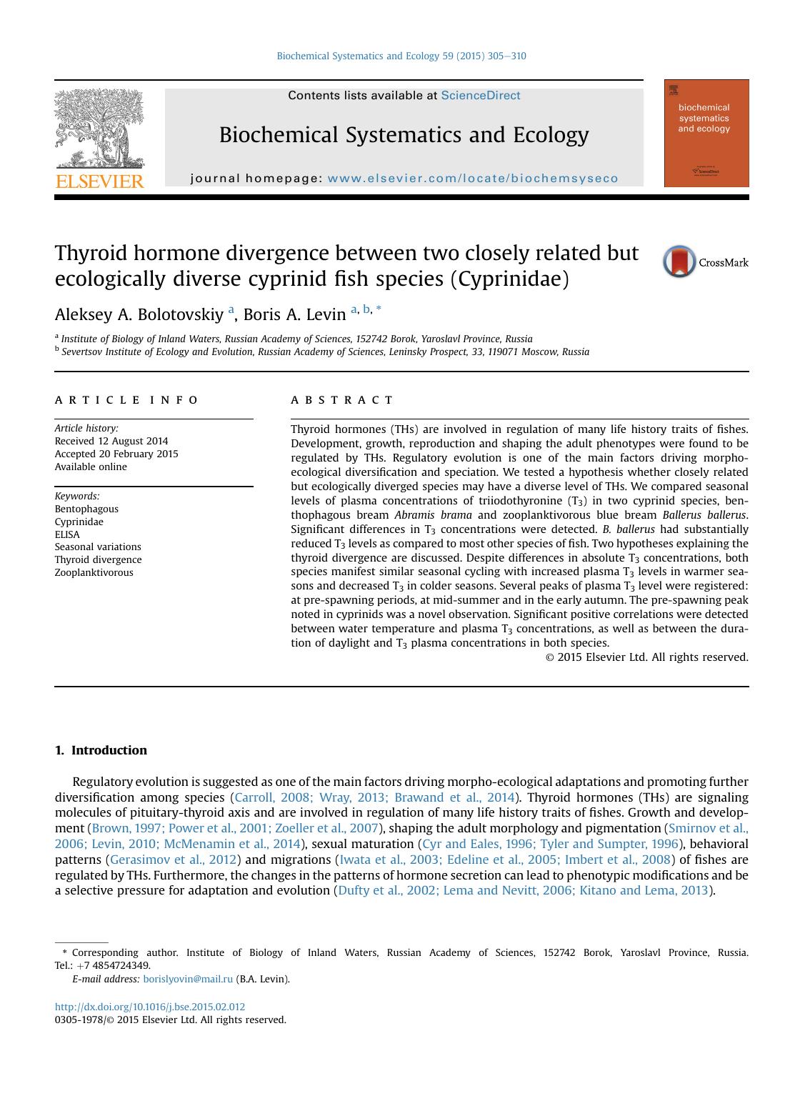 Thyroid hormone divergence between two closely related but ecologically diverse cyprinid fish species (Cyprinidae) by Aleksey A. Bolotovskiy & Boris A. Levin