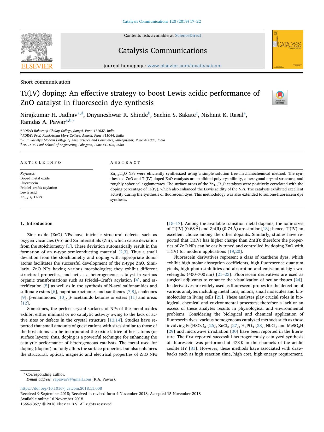 Ti(IV) doping_ An effective strategy to boost Lewis acidic performance of ZnO catalyst in fluorescein dye synthesis by Nirajkumar H. Jadhav & Dnyaneshwar R. Shinde & Sachin S. Sakate & Nishant K. Rasal & Ramdas A. Pawar