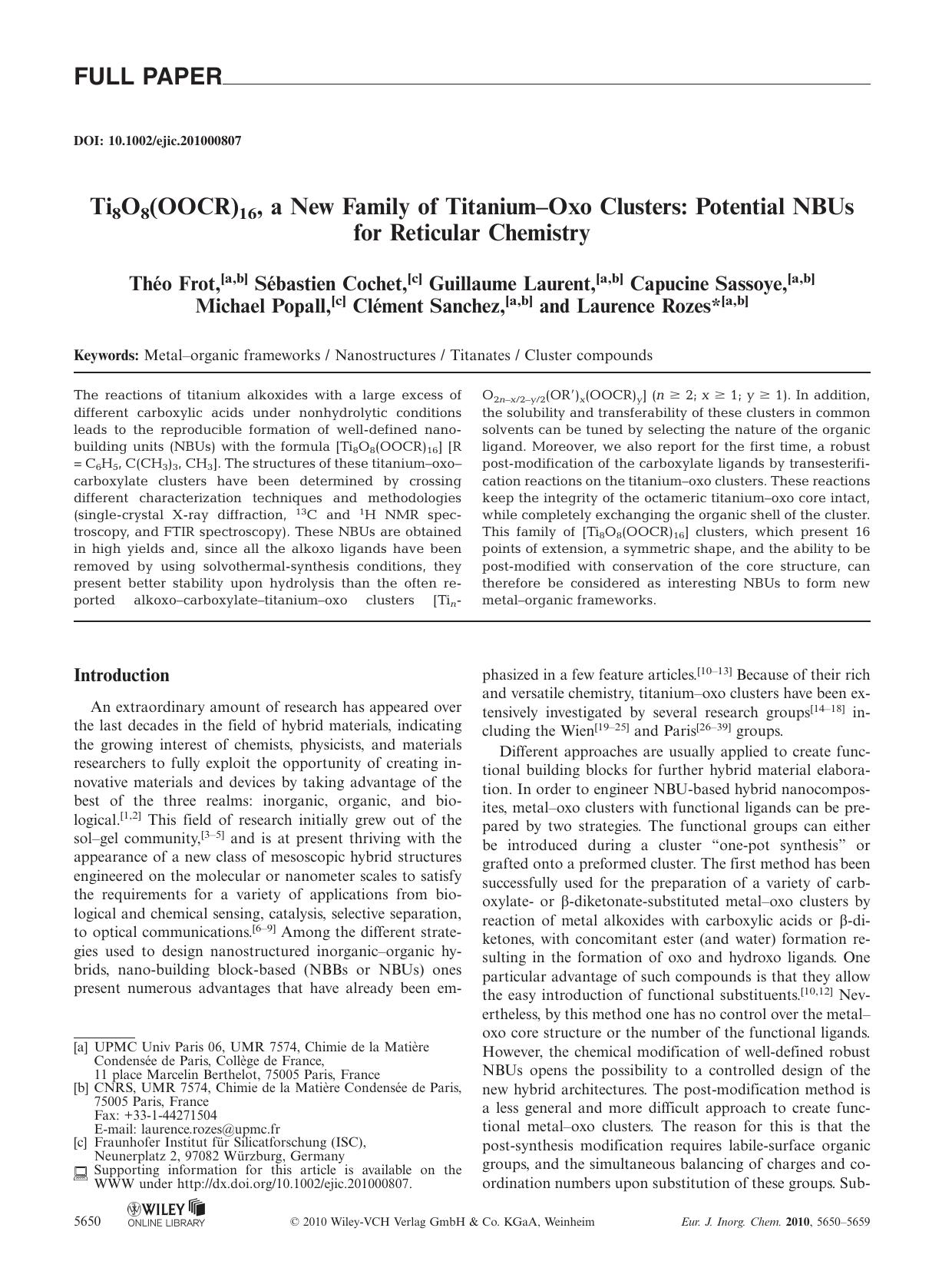 Ti8O8(OOCR)16, a New Family of TitaniumOxo Clusters: Potential NBUs for Reticular Chemistry by Unknown