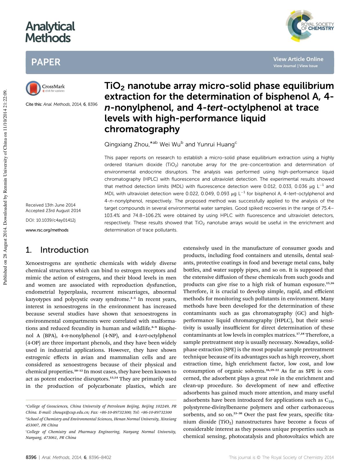 TiO2 nanotube array micro-solid phase equilibrium extraction for the determination of bisphenol A, 4-n-nonylphenol, and 4-tert-octylphenol at trace levels with high-performance liquid chromatography by Qingxiang Zhou & Wei Wu & Yunrui Huang