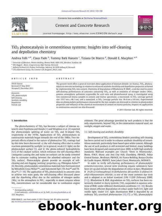 TiO2 photocatalysis in cementitious systems: Insights into self-cleaning and depollution chemistry by Andrea Folli & Claus Pade & Tommy Bæk Hansen & Tiziana De Marco & Donald E. Macphee