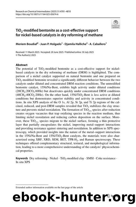 TiO2-modified bentonite as a cost-effective support for nickel-based catalysts in dry reforming of methane by Meriem Boudiaf & Juan P. Holgado & Djamila Halliche & A. Caballero