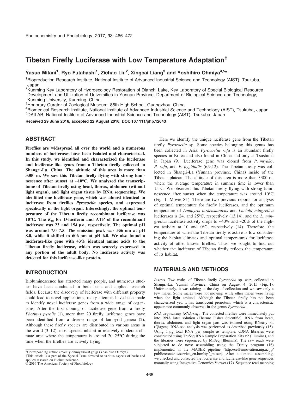Tibetan Firefly Luciferase with Low Temperature Adaptation by Unknown