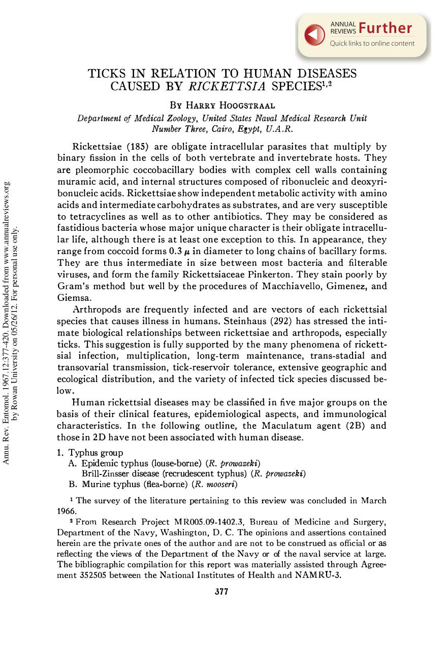 Ticks in Relation to Human Diseases Caused by Rickettsia Species by H Hoogstraal