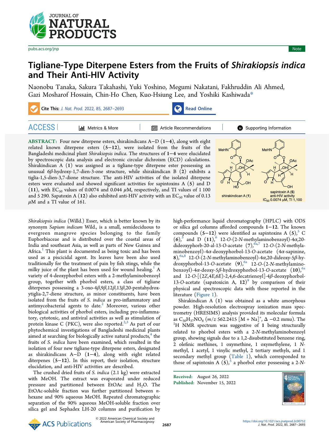 Tigliane-Type Diterpene Esters from the Fruits of Shirakiopsis indica and Their Anti-HIV Activity by unknow