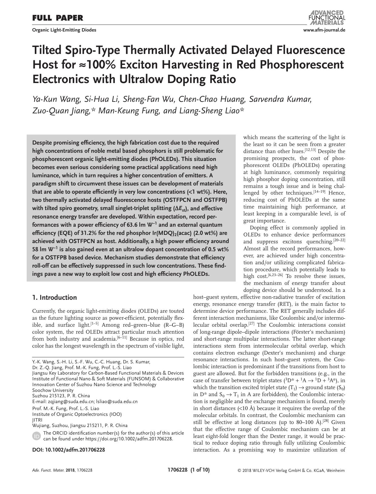 Tilted Spiro&#x02010;Type Thermally Activated Delayed Fluorescence Host for &#x02248;100&#x00025; Exciton Harvesting in Red Phosphorescent Electronics with Ultralow Doping Ratio by Unknown
