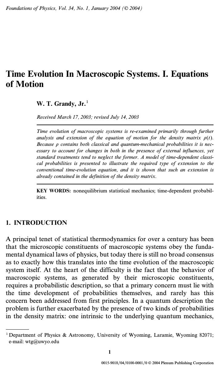 Time Evolution in Macroscopic Systems. I. Equations of Motion by Unknown