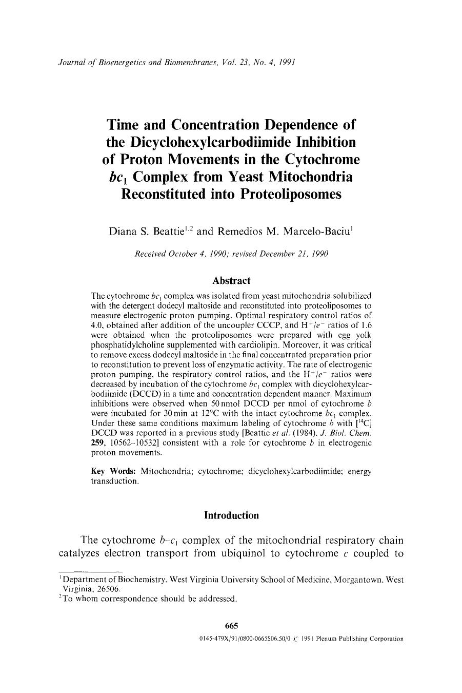 Time and concentration dependence of the dicyclohexylcarbodiimide inhibition of proton movements in the cytochrome <Emphasis Type="Italic">bc <Emphasis> <Subscript>1 <Subscript> co by Unknown