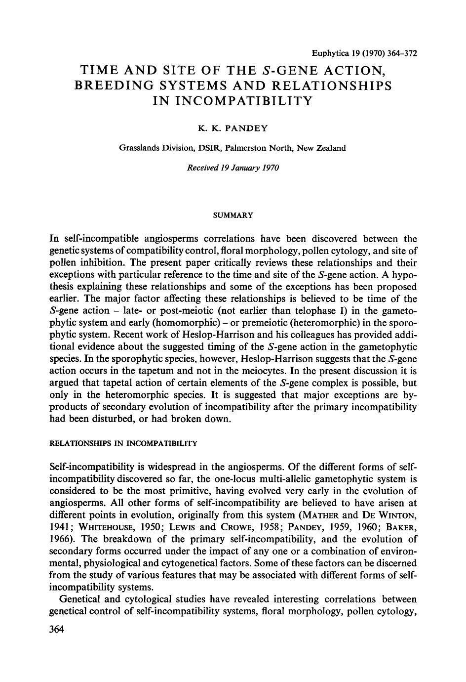 Time and site of the <Emphasis Type="Italic">S <Emphasis>-gene action, breeding systems and relationships in incompatibility by Unknown