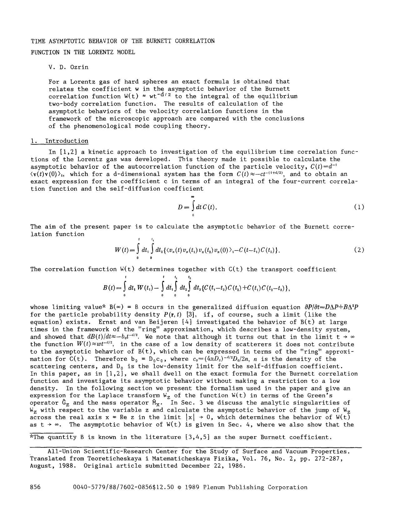 Time asymptotic behavior of the burnett correlation function in the Lorentz model by Unknown