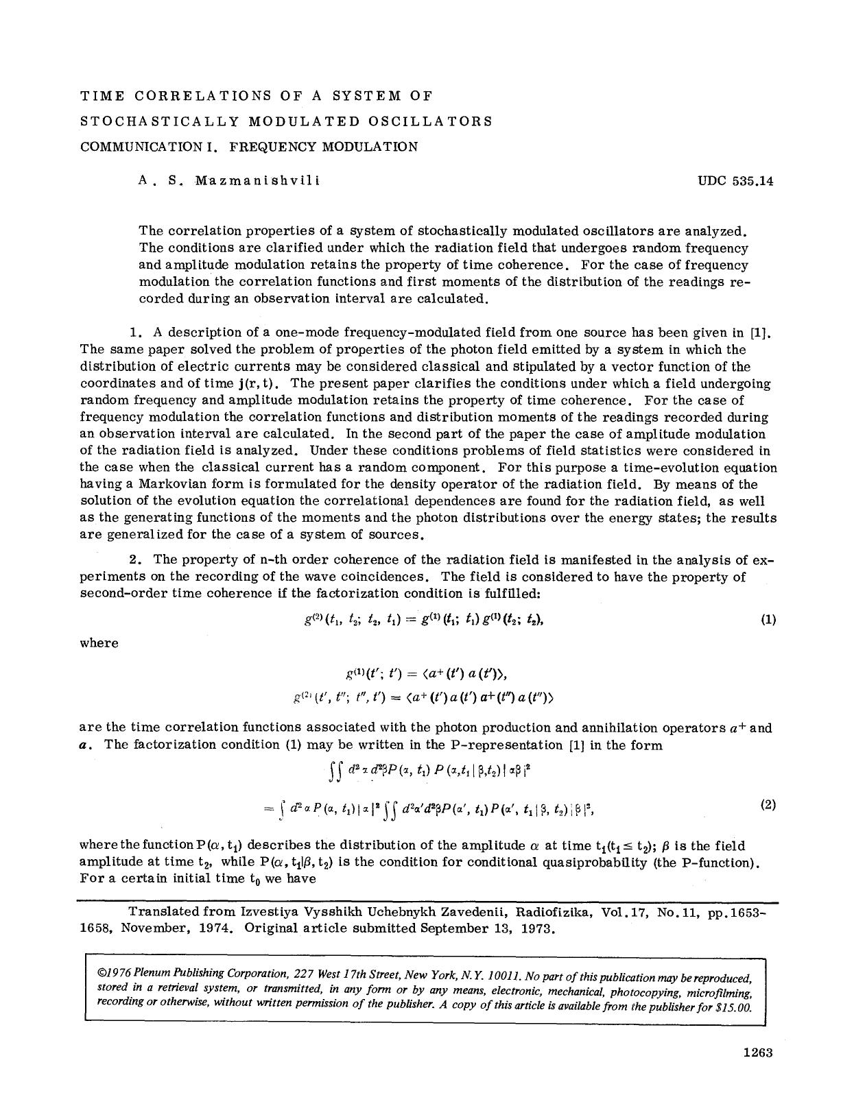 Time correlations of a system of stochastically modulated oscillators communication I. Frequency modulation by Unknown