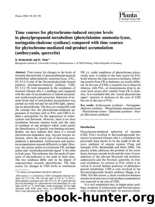 Time courses for phytochrome-induced enzyme levels in phenylpropanoid metabolism (phenylalanine ammonia-lyase, naringenin-chalcone synthase) compared with time courses for phytochr by Unknown