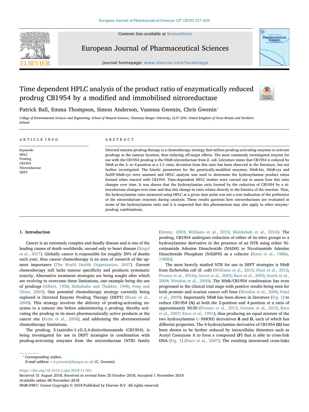 Time dependent HPLC analysis of the product ratio of enzymatically reduced prodrug CB1954 by a modified and immobilised nitroreductase by Patrick Ball & Emma Thompson & Simon Anderson & Vanessa Gwenin & Chris Gwenin