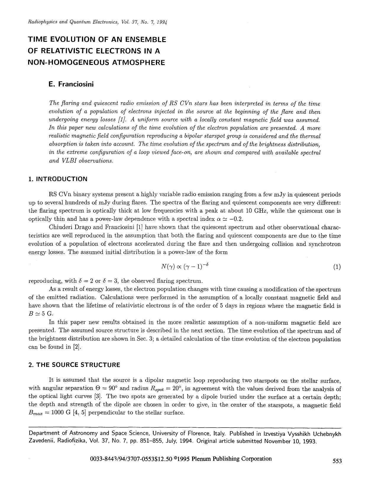 Time evolution of an ensemble of relativistic electrons in a non-homogeneous atmosphere by Unknown