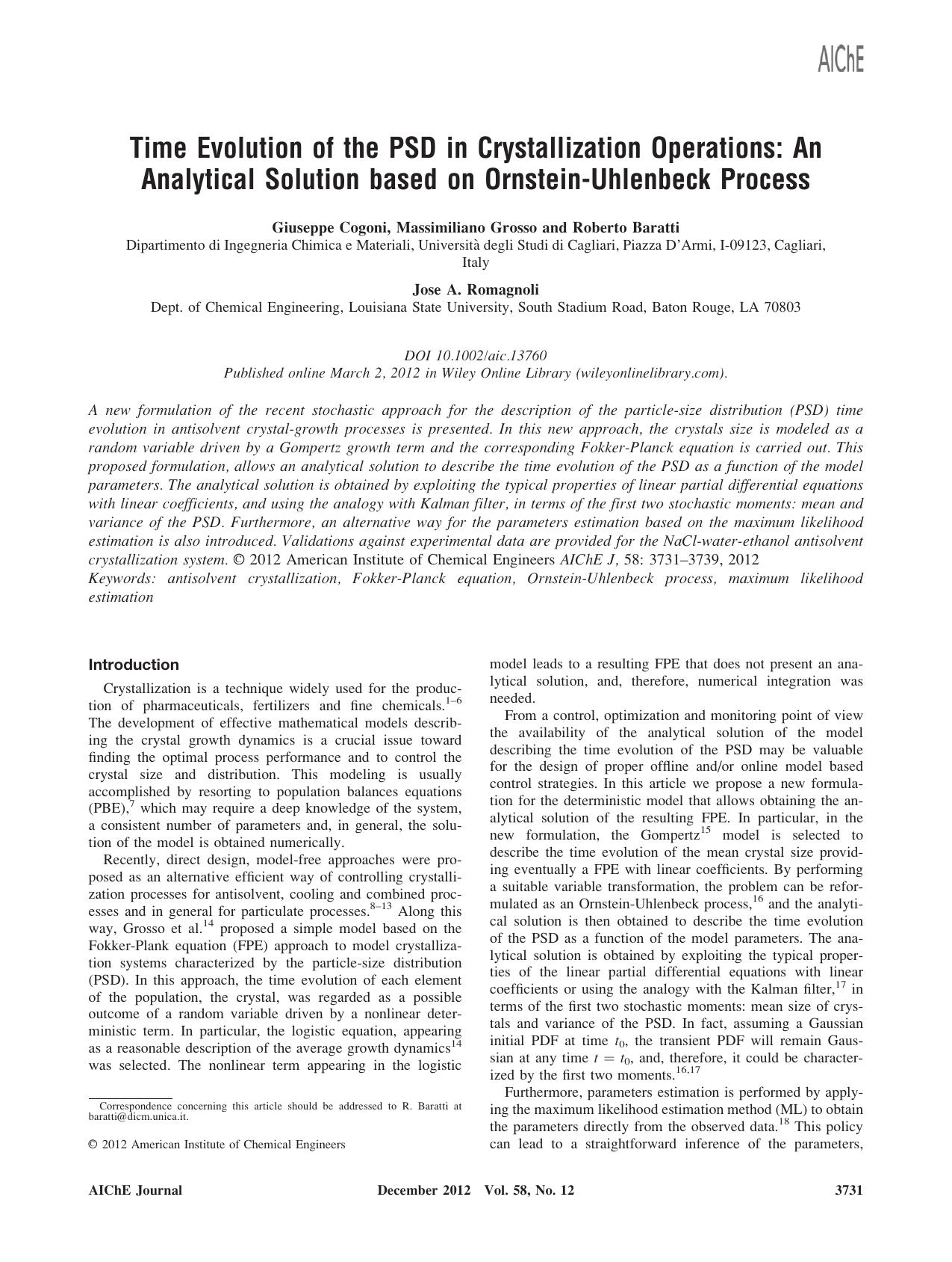 Time evolution of the PSD in crystallization operations: An analytical solution based on OrnsteinUhlenbeck process by Unknown